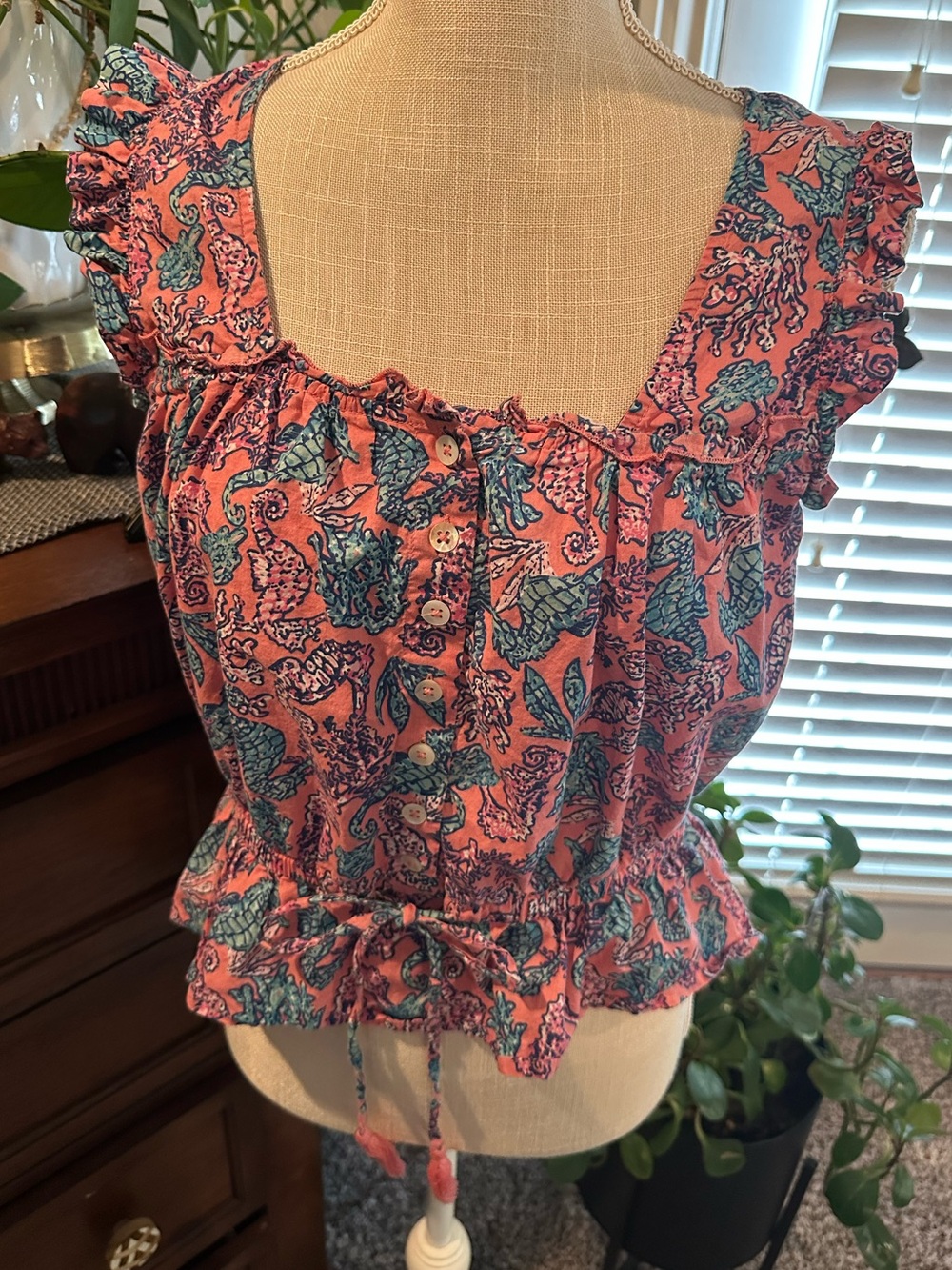 Simply Southern Coral and Teal Floral Ruffle Top